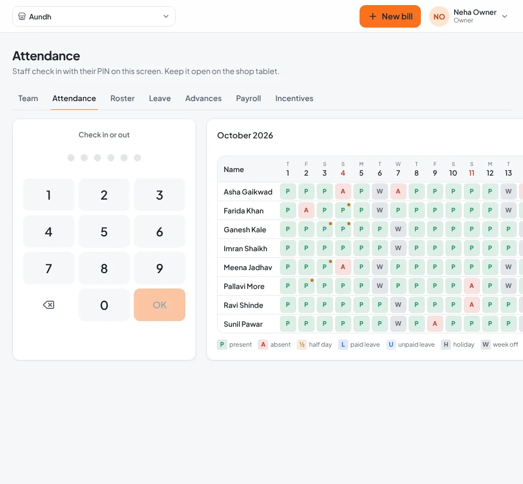 Attendance keypad and monthly grid