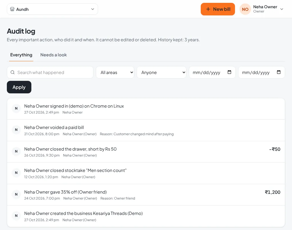 Audit log listing actions such as a voided bill and a short drawer