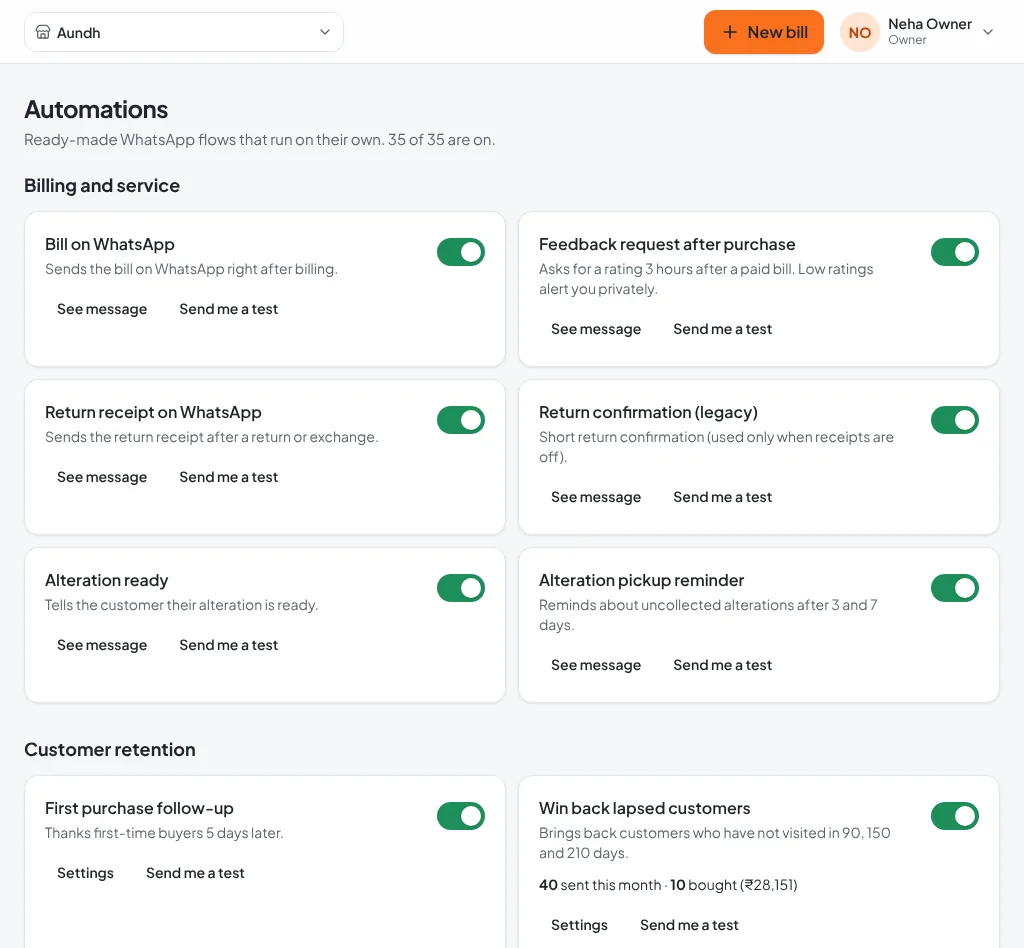 Automations page with switches