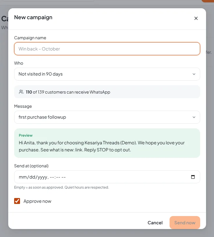 New campaign form with audience, message and preview