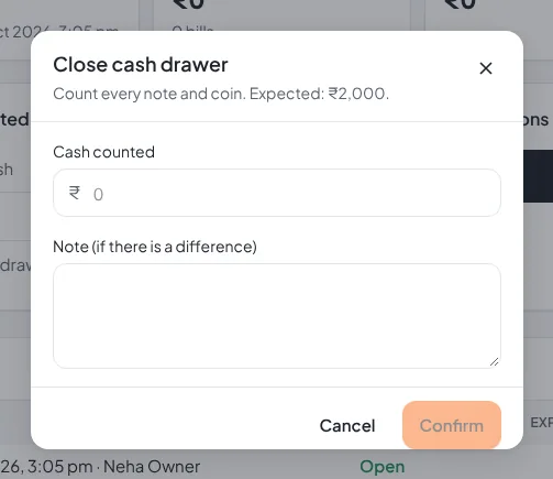 Close cash drawer dialog
