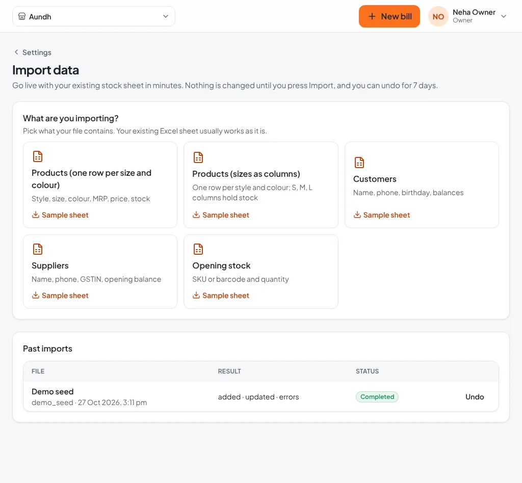 Import data page with five import types