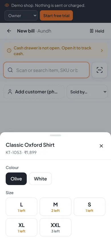 Size picker sheet on a phone