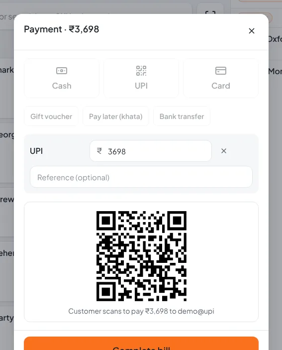 Payment sheet with UPI selected and a QR code for the exact amount