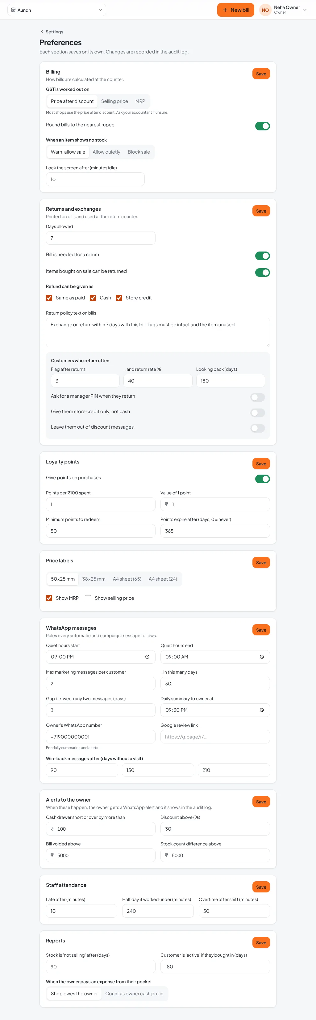 Preferences page with billing, returns, loyalty, labels and WhatsApp sections