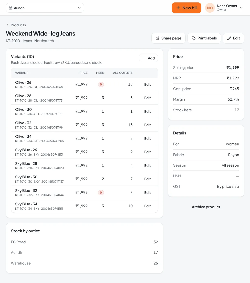 Product page with variants, barcodes, stock by outlet, price, cost and margin