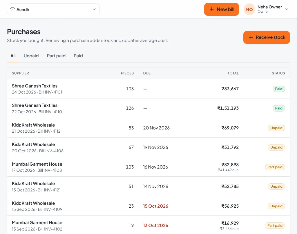 Purchases list with suppliers, pieces, due dates, totals and status