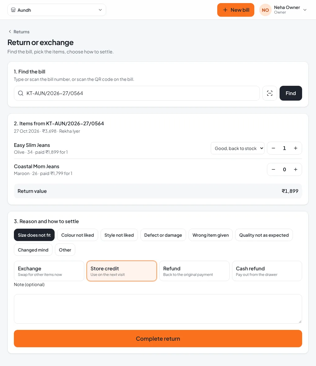 Return or exchange page with the bill found, items picked, reason and store credit chosen