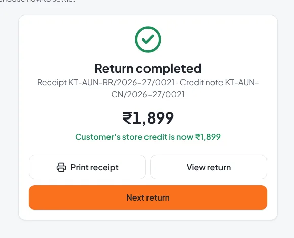 Return completed with receipt number, credit note number and new store credit