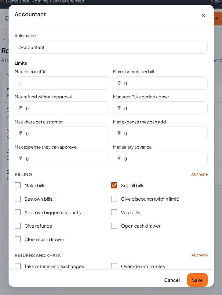 Role editor with limits and permission checkboxes