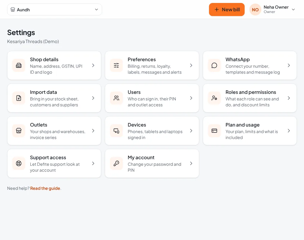 Settings page listing shop details, preferences, WhatsApp, import, users, roles, outlets, devices, plan, support access and my account