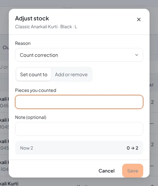 Adjust stock dialog with reasons