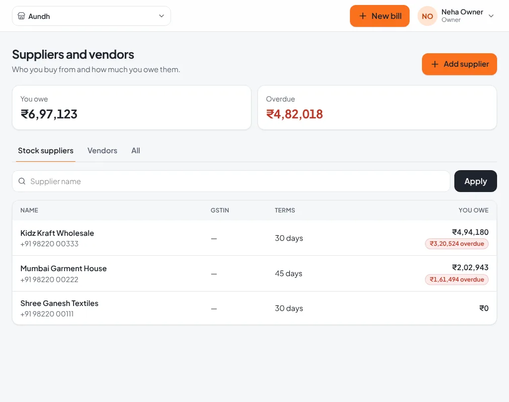 Suppliers page with amount owed and overdue