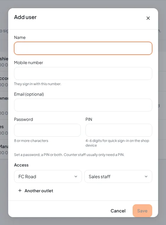 Add user dialog